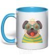 Mug with a colored handle Fun pug sky-blue фото