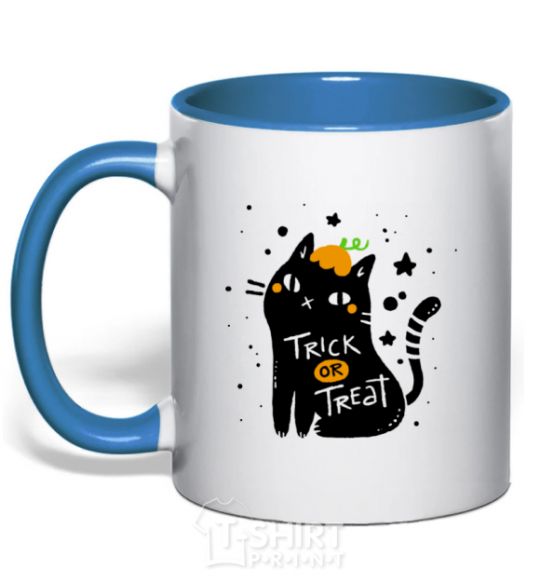 Mug with a colored handle Trick or treat cat royal-blue фото