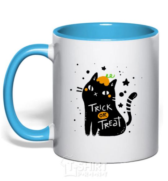 Чашка с цветной ручкой Trick or treat cat Голубой фото