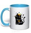 Mug with a colored handle Trick or treat cat sky-blue фото