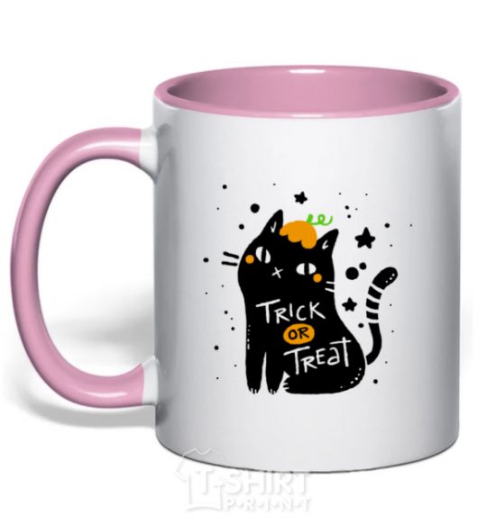 Mug with a colored handle Trick or treat cat light-pink фото