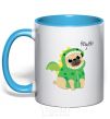 Mug with a colored handle Rawr sky-blue фото