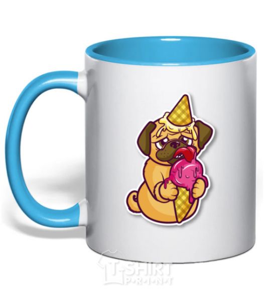 Mug with a colored handle Icecream pug sky-blue фото
