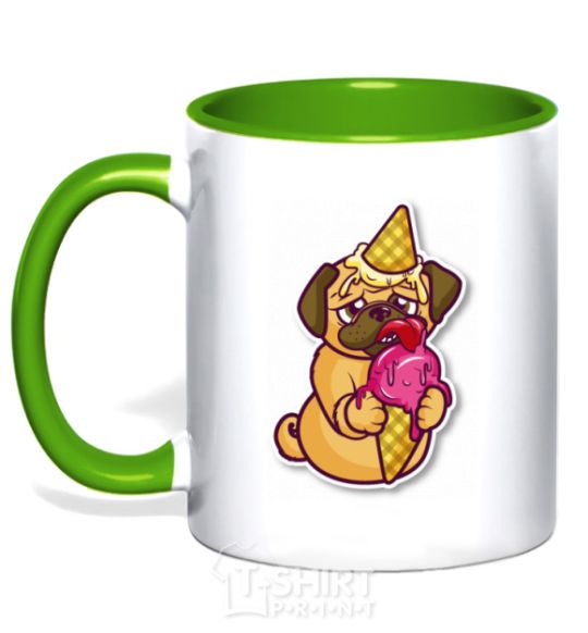 Mug with a colored handle Icecream pug kelly-green фото