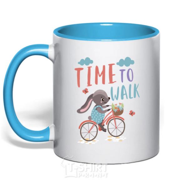 Mug with a colored handle Time to walk sky-blue фото