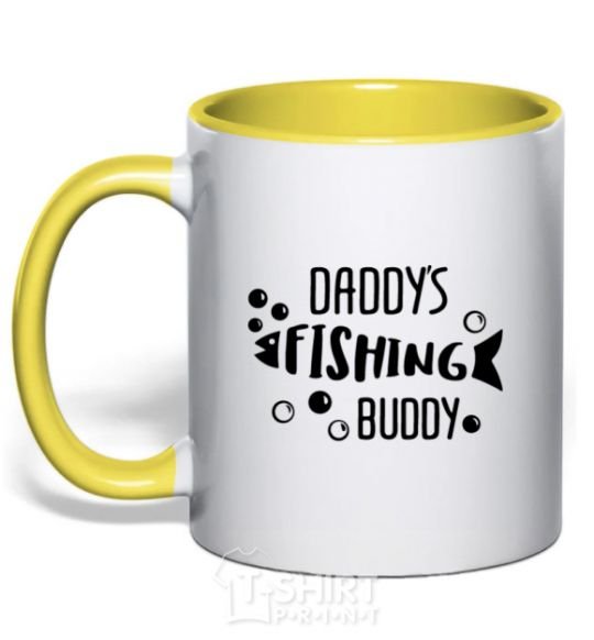 Mug with a colored handle Daddys fishing buddy yellow фото