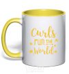 Mug with a colored handle Curls run the world yellow фото