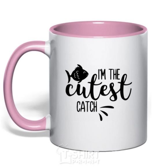 Mug with a colored handle I am the cutest catch light-pink фото