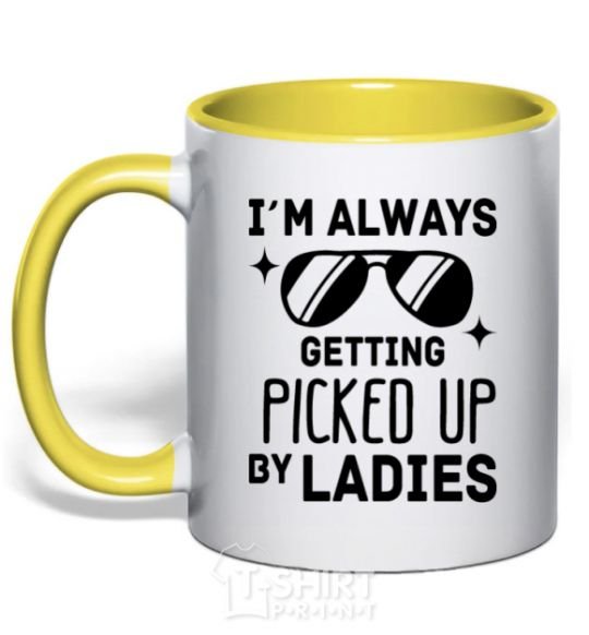 Mug with a colored handle I am always picked up by ladies yellow фото