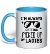 Mug with a colored handle I am always picked up by ladies sky-blue фото