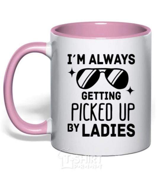 Mug with a colored handle I am always picked up by ladies light-pink фото