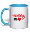 Mug with a colored handle Mommy plus me sky-blue фото