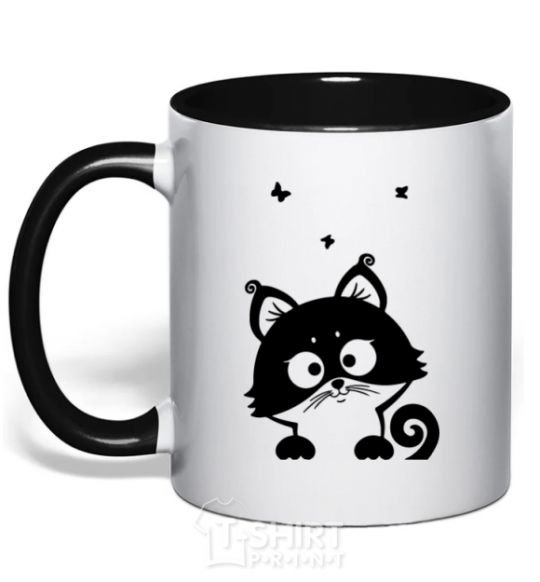 Mug with a colored handle Kitten black фото