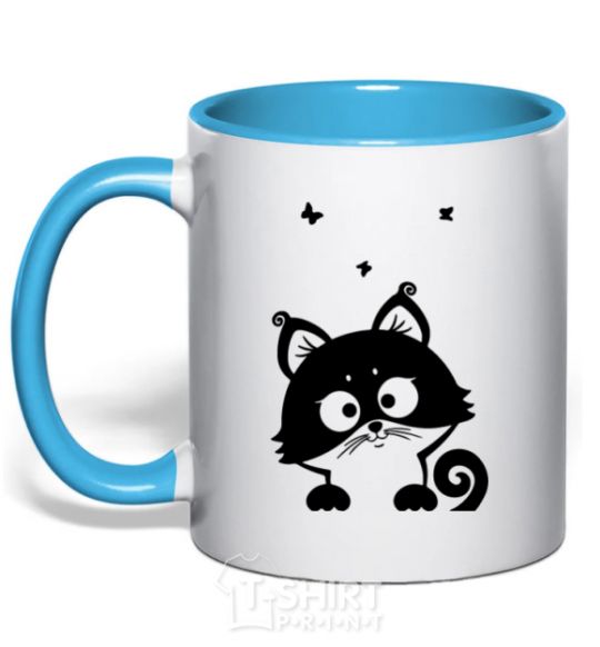 Mug with a colored handle Kitten sky-blue фото