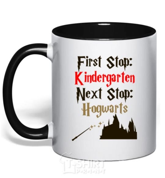 Mug with a colored handle First stop Kindergarten next stop Hogwarts black фото