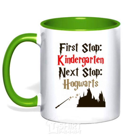 Mug with a colored handle First stop Kindergarten next stop Hogwarts kelly-green фото