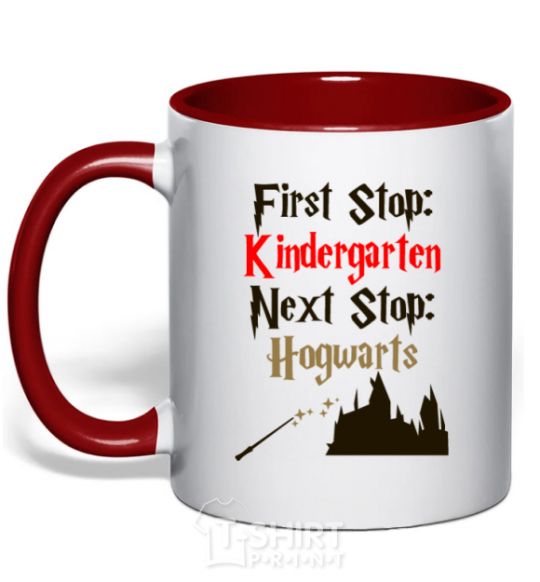 Mug with a colored handle First stop Kindergarten next stop Hogwarts red фото