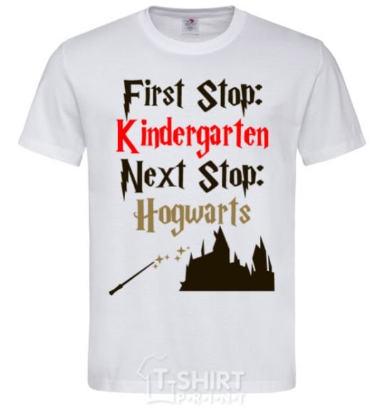 Men's T-Shirt First stop Kindergarten next stop Hogwarts White фото