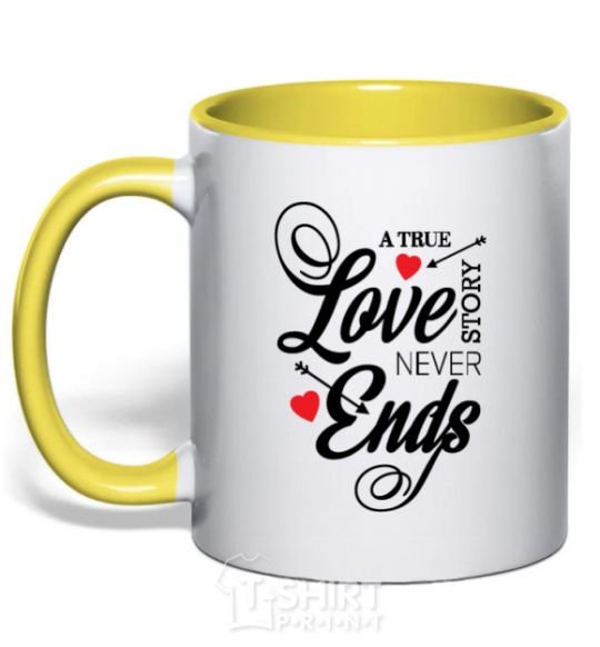 Mug with a colored handle A true love story never ends yellow фото