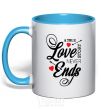 Mug with a colored handle A true love story never ends sky-blue фото
