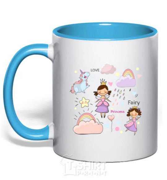 Mug with a colored handle Cute princesses sky-blue фото