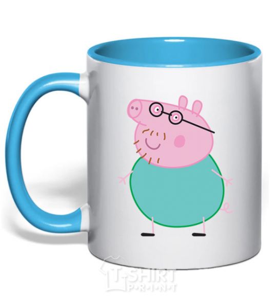 Mug with a colored handle Papa Pig sky-blue фото