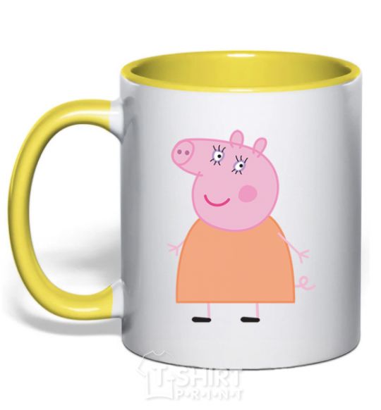 Mug with a colored handle Mama Piggy yellow фото