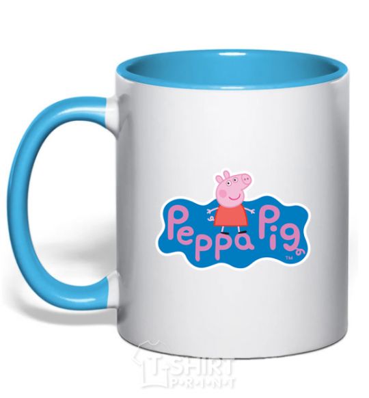 Mug with a colored handle Pepa's logo sky-blue фото