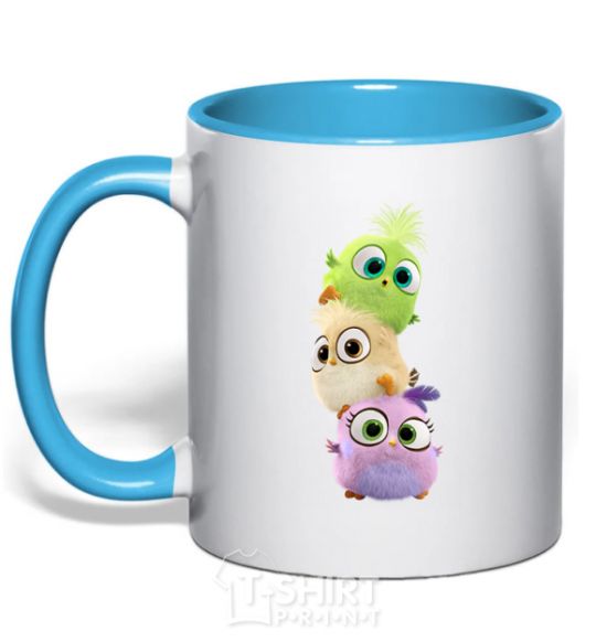 Mug with a colored handle Cute birds sky-blue фото