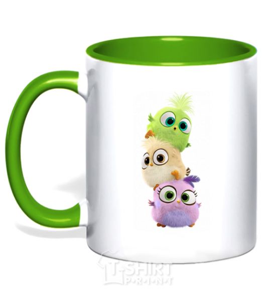 Mug with a colored handle Cute birds kelly-green фото