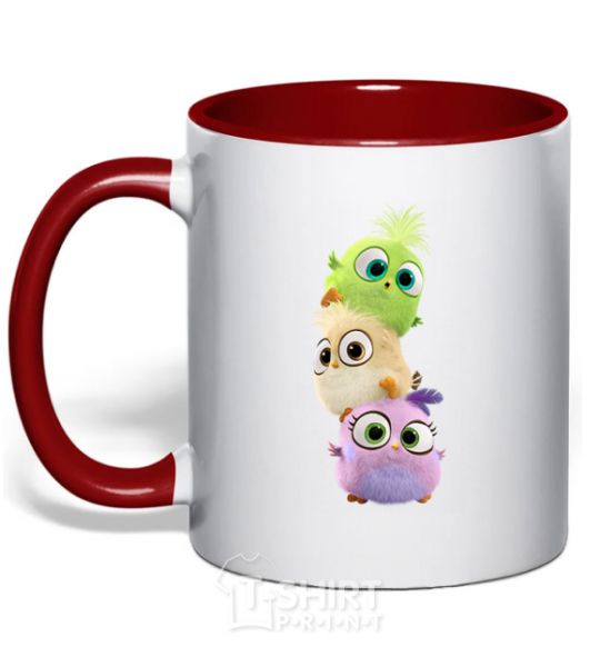 Mug with a colored handle Cute birds red фото