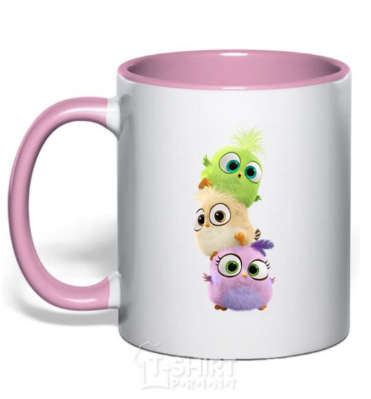 Mug with a colored handle Cute birds light-pink фото
