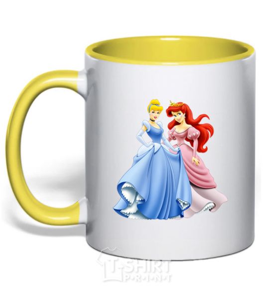 Mug with a colored handle Ariel and Cinderella yellow фото