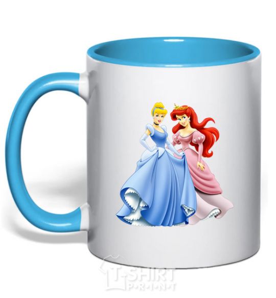 Mug with a colored handle Ariel and Cinderella sky-blue фото
