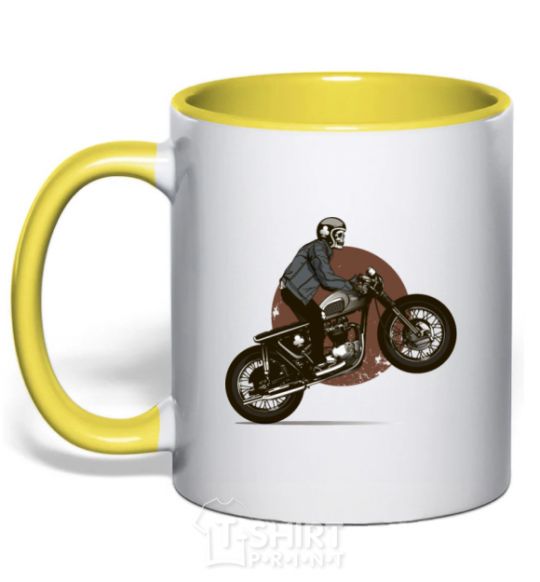 Mug with a colored handle Bike skeleton yellow фото