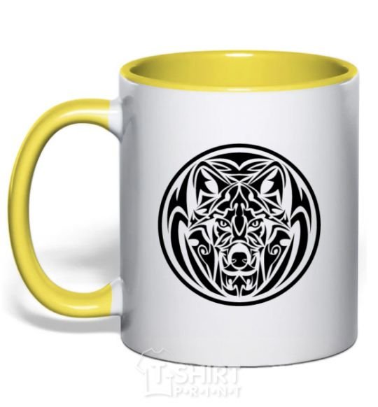 Mug with a colored handle Wolf emblem yellow фото