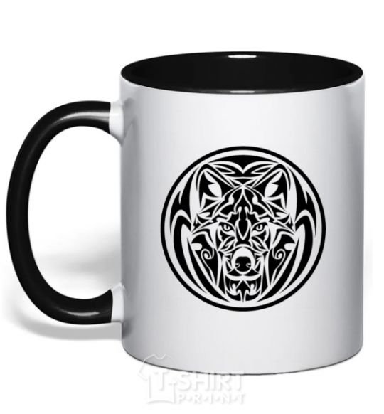 Mug with a colored handle Wolf emblem black фото