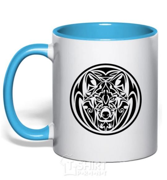 Mug with a colored handle Wolf emblem sky-blue фото