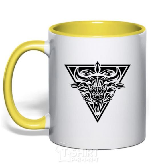 Mug with a colored handle Bull emblem yellow фото