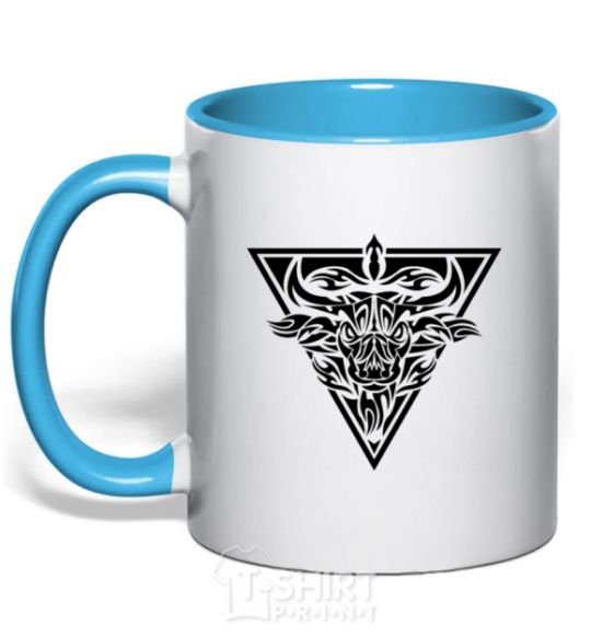 Mug with a colored handle Bull emblem sky-blue фото