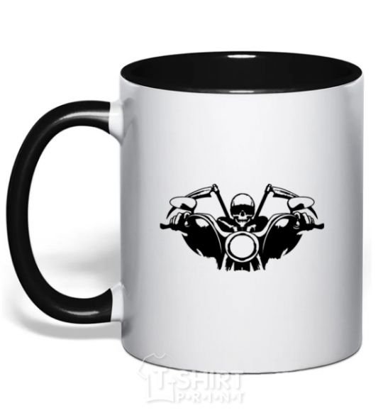 Mug with a colored handle Biker skeleton black фото