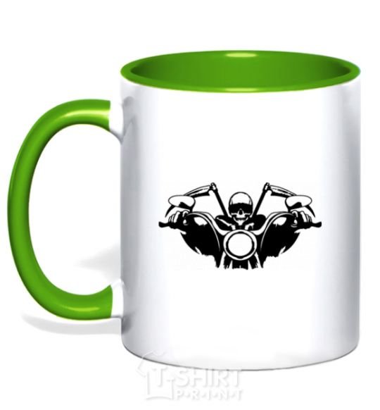 Mug with a colored handle Biker skeleton kelly-green фото