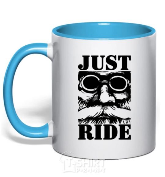 Mug with a colored handle Just ride sky-blue фото