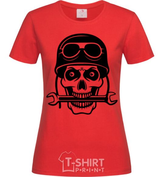 Women's T-shirt Skull in helmet red фото