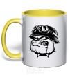 Mug with a colored handle Bulldog biker yellow фото
