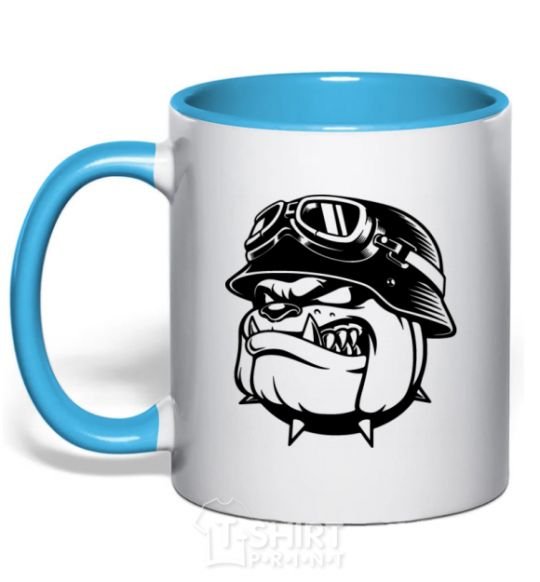 Mug with a colored handle Bulldog biker sky-blue фото