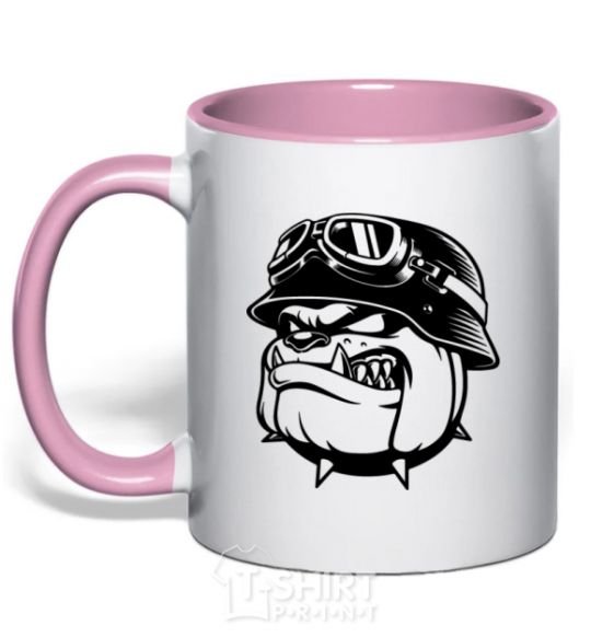 Mug with a colored handle Bulldog biker light-pink фото