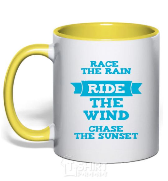 Mug with a colored handle Race the rain ride the wind chase the sunset yellow фото