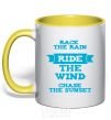 Mug with a colored handle Race the rain ride the wind chase the sunset yellow фото