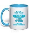 Mug with a colored handle Race the rain ride the wind chase the sunset sky-blue фото